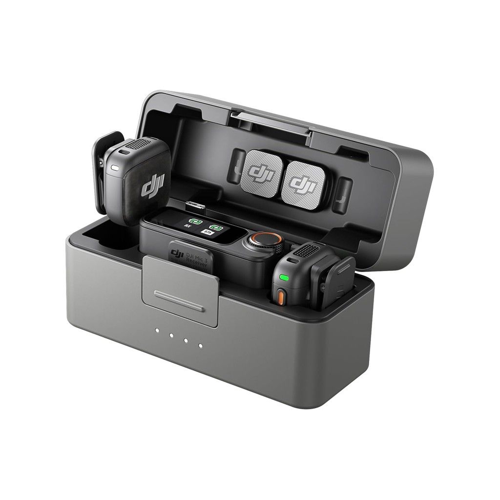 DJI Mic 3 Funkmikrofon-Set – Kompaktes Funkmikrofon-Set mit 2 Sendern, Empfänger und Ladeschale - für Reden, Interviews, Moderation, Kamera, Handy und Livestreams mieten
