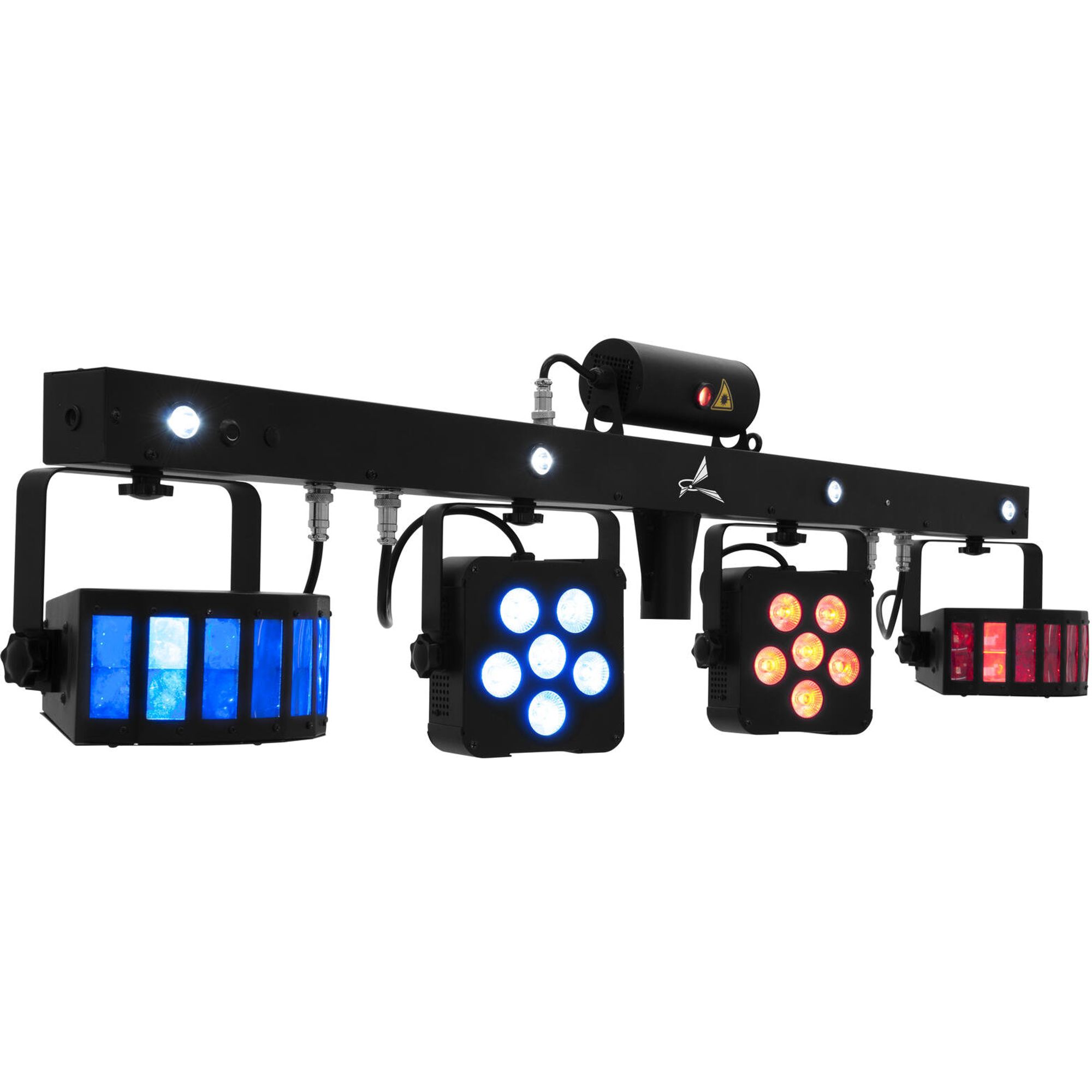LED Lichteffektleiste mit Laser – 4-in-1-Lichteffektbar mit Laser, LED-Derbys, Spots und Stroboskop – komplett vormontiert inkl. Lichtstativ und Funk-Fußschalter mieten